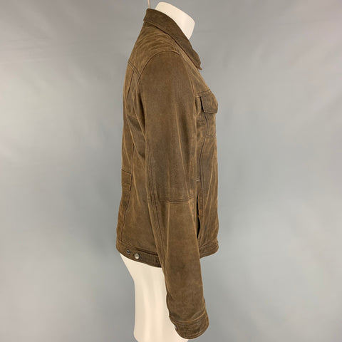 SCHOTT Size L Brown Distressed Leather Trucker Jacket