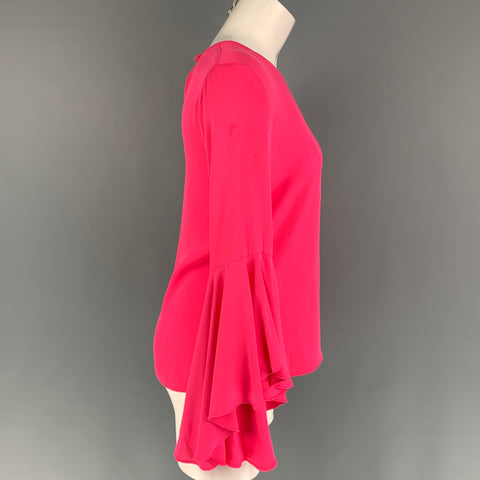 MILLY Size S Pink Silk Crew-Neck Bell Sleeves Blouse