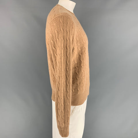 RALPH LAUREN Size L Camel Cable Knit Cashmere Crew-Neck Sweater