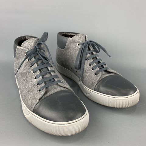 LANVIN Size 11  Gray Wool Lace Up Leather Cap Toe Sneakers