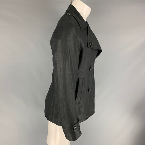 EMANUEL UNGARO Size 38 Black Solid Linen Peacoat Coat