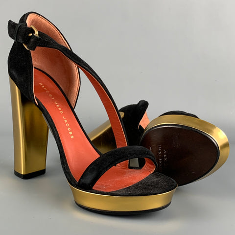 MARC by MARC JACOBS Talla 8 Zapatos de tacón de ante de cuero negro y dorado