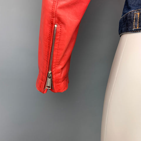 DSQUARED2 Size 38 Indigo & Red Wash Denim Leather Trim Trucker Jacket