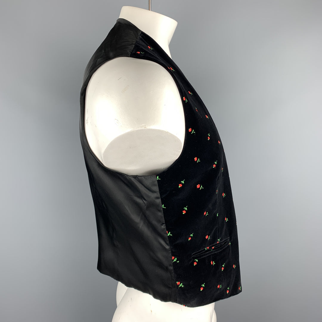 ORIGINAL-LANZ Size 42 Black Rosette Embroidery Velvet Metal Buttoned Vest