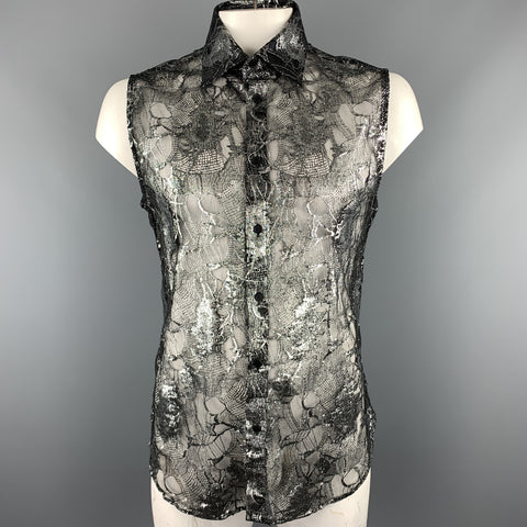 Vintage GIANNI VERSACE Size XXL Silver & Black Lace Silk Blend Button Up Sleeveless