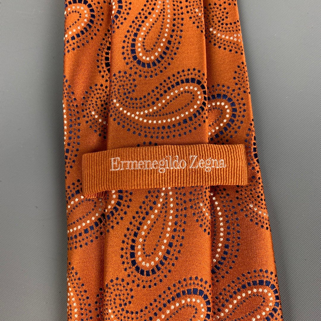 ERMENEGILDO ZEGNA Cravate En Satin De Soie Paisley Noir Blanc Cuivre