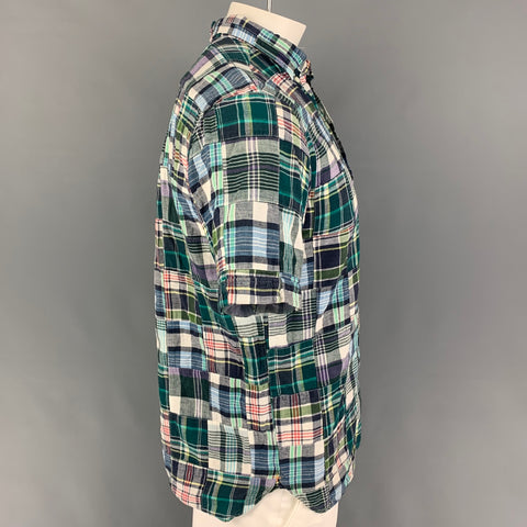 BEAMS Size XL Green Blue White Madras Cotton Long placket Short Sleeve Shirt