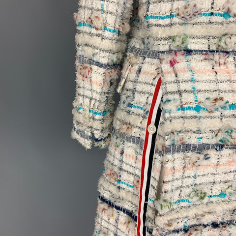 THOM BROWNE Size 4 White Multi-Color Textured Single breasted Coat