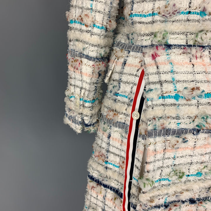 THOM BROWNE Size 4 White Multi-Color Textured Single breasted Coat