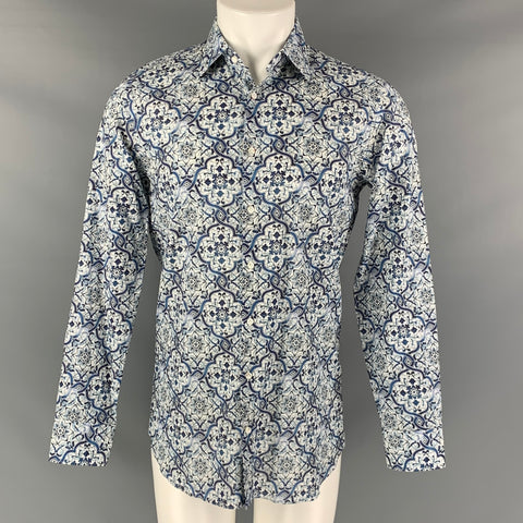 GABRIELE PASINI Size M Blue White Porcelain Cotton Long Sleeve Shirt