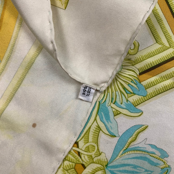 Vintage Caraibes HERMES bufanda de seda con estampado de pájaros amarillos y blancos