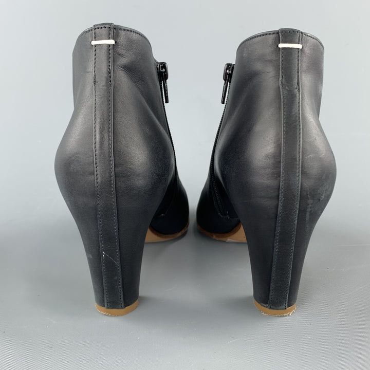 MAISON MARTIN MARGIELA Size 7.5 Navy Leather Peep Toe Ankle Boots