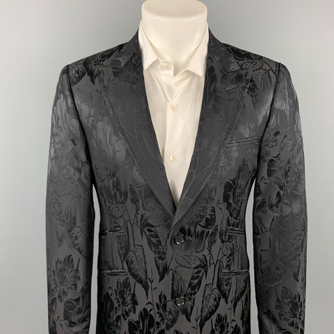 TED BAKER Size 38 Regular Black Jacquard Wool / Silk Peak Lapel Sport Coat