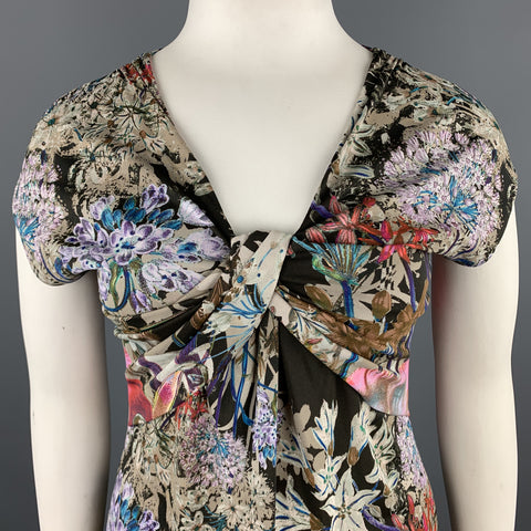ETRO Size 12 Beige Multi-Color Floral Draped Jersey Blouse