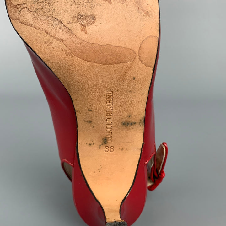 MANOLO BLAHNIK Size 6 Red Patent Leather Slingback Peep Toe Sandals
