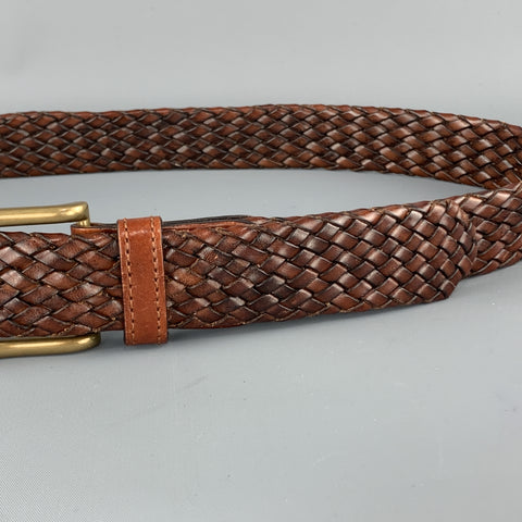 J & C Size 34 Woven Brown Leather Brass Buckle Belt