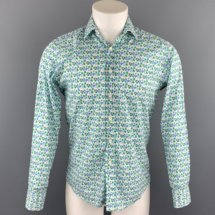 ETRO Size S White & Green Floral Cotton Button Up Long Sleeve Shirt