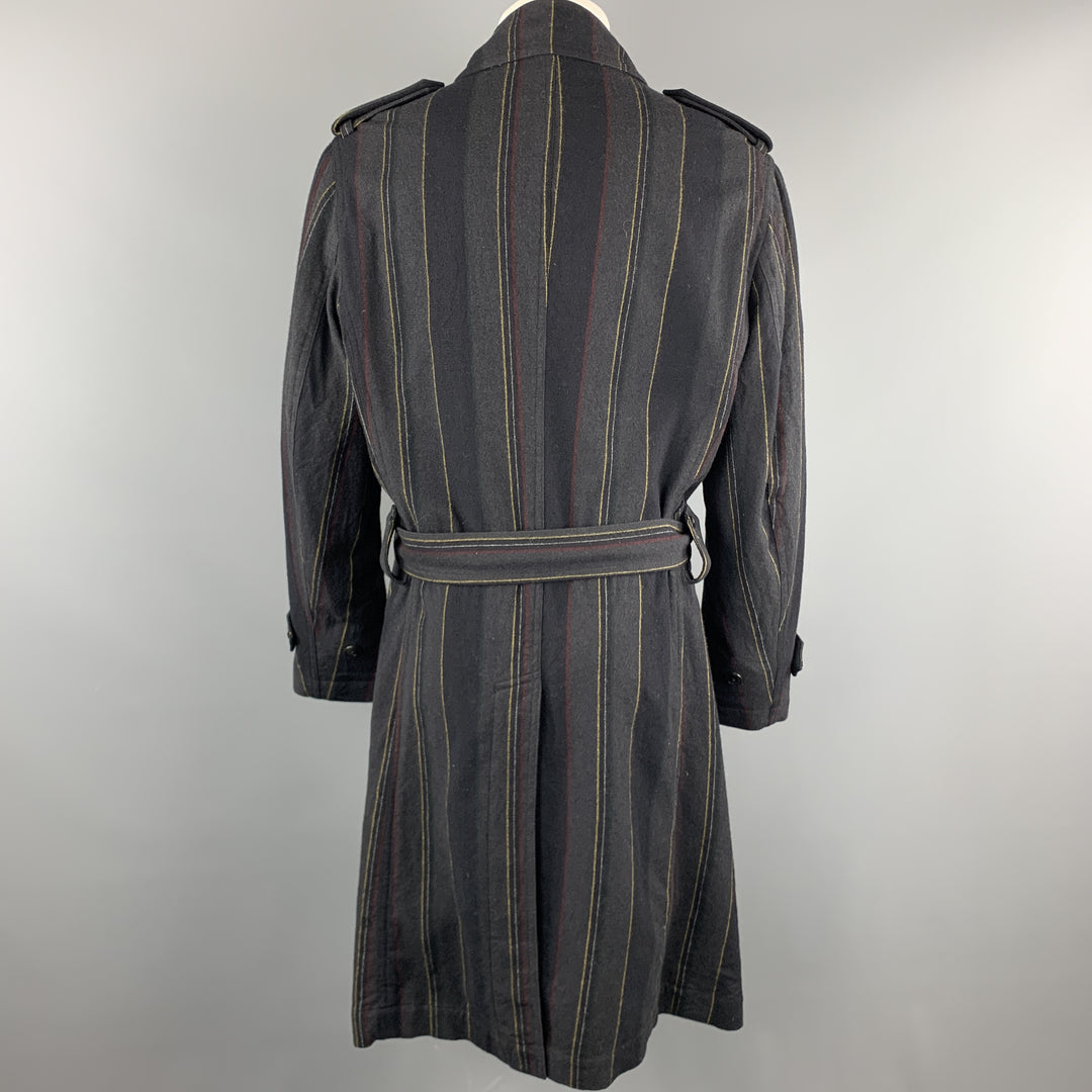 Y's by YOHJI YAMAMOTO Size M Charcoal & Navy Striped Wool Trench Coat