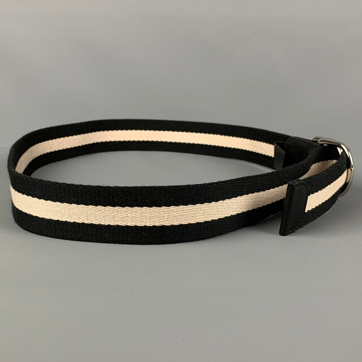 BALLY Size 36 Black White Fabric Double Ring Belt