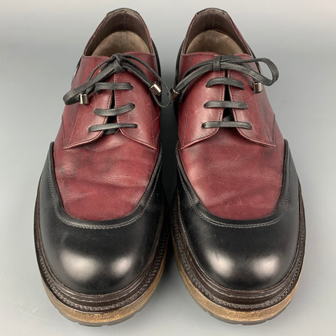 SALVATORE FERRAGAMO Size 9.5 Black & Burgundy Color Block Leather Lace Up Shoes