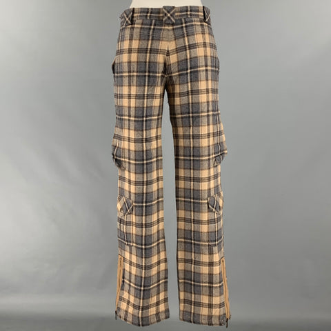 MOSCHINO Talla 6 Pantalones casuales cargo a cuadros de lana virgen gris beige