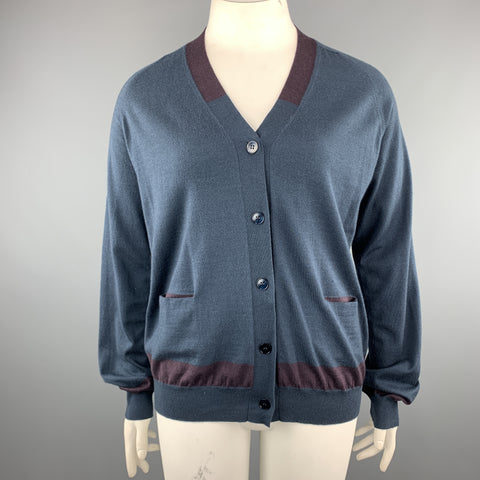 JIL SANDER Talla 12 Cárdigan de mezcla de cachemira con bloques de color azul marino y ciruela