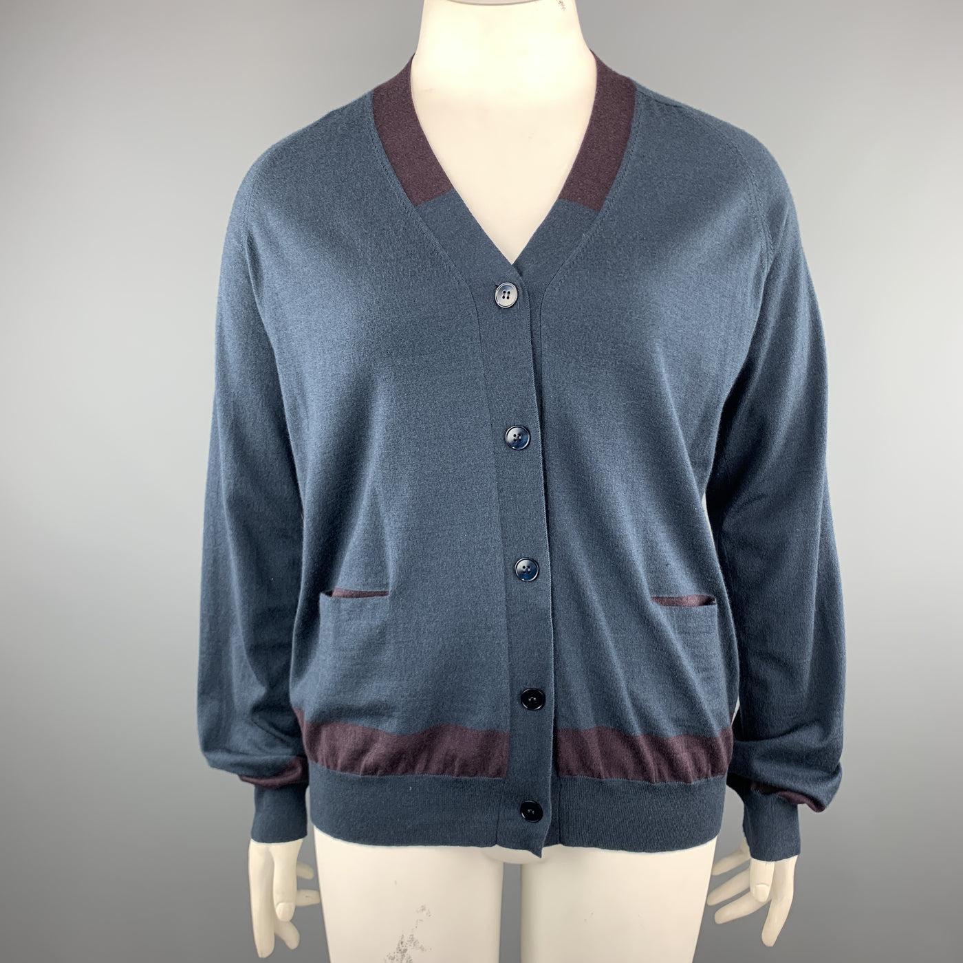 JIL SANDER Size 12 Navy & Plum Color Block Cashmere Blend Cardigan