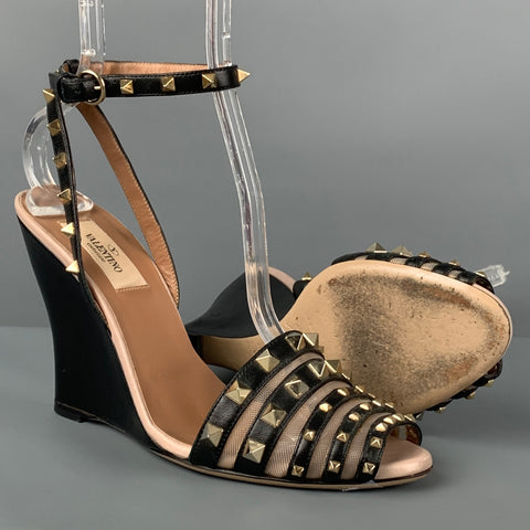 VALENTINO Size 8.5 Black Leather Rockstud Ankle Strap Wedges