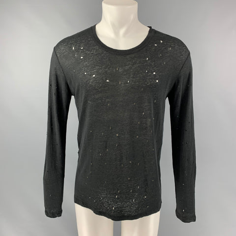 IRO Marvina Size S Black Distressed Linen Long Sleeve T-shirt