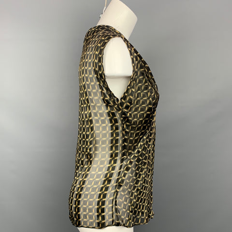 DEREK LAM Size 0 Black & Gold Windowpane Silk Draped V-neck Blouse
