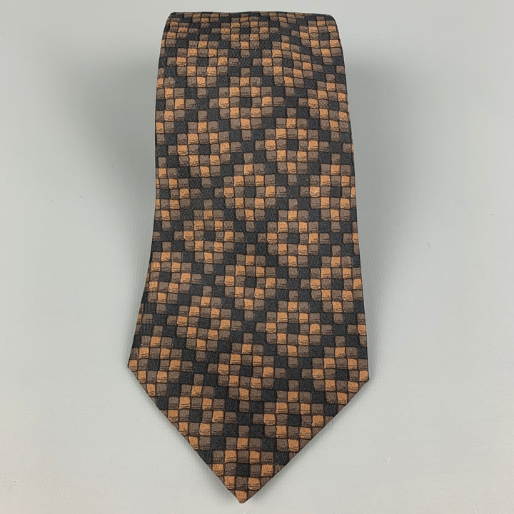 HERMES 398 EA Corbata de seda a cuadros marrón y negra