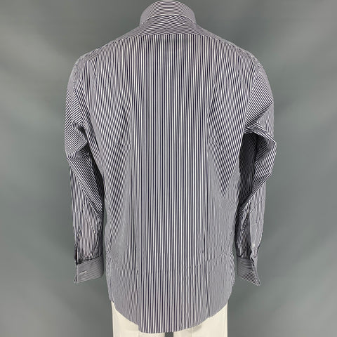 RALPH LAUREN Size XL White & Navy Stripe Cotton French Cuff Long Sleeve Shirt