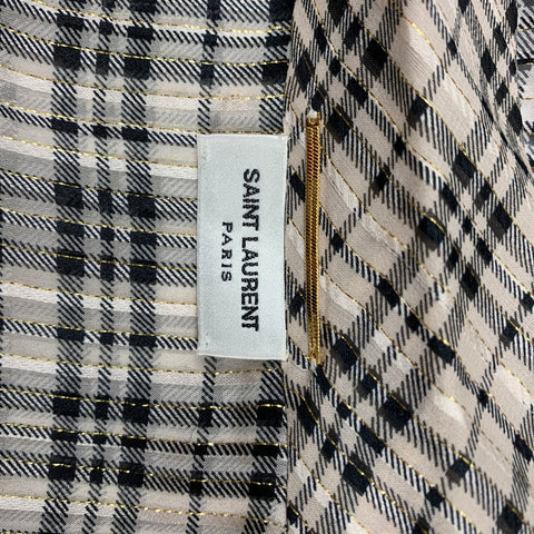 SAINT LAURENT Size S Nude Plaid Silk Pussy Bow Blouse