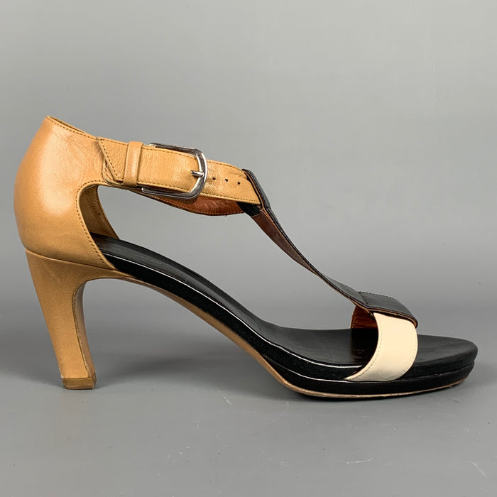 DRIES VAN NOTEN Size 8.5 Black & Tan Leather Color Block Sandals
