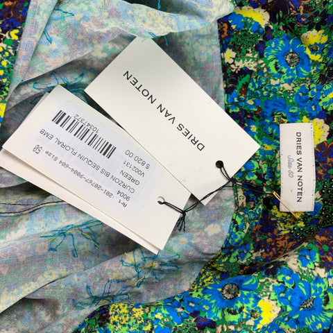 DRIES VAN NOTEN S/S 20 Size M Green & Blue Beaded Viscose Button Up Long Sleeve Shirt