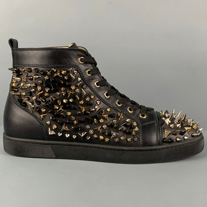 CHRISTIAN LOUBOUTIN Size 10 Black Gold Leather Louis All Over Spikes High Top Sneakers