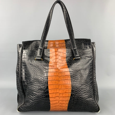 DRIES VAN NOTEN Black & Tan Alligator Embossed Leather Handbag
