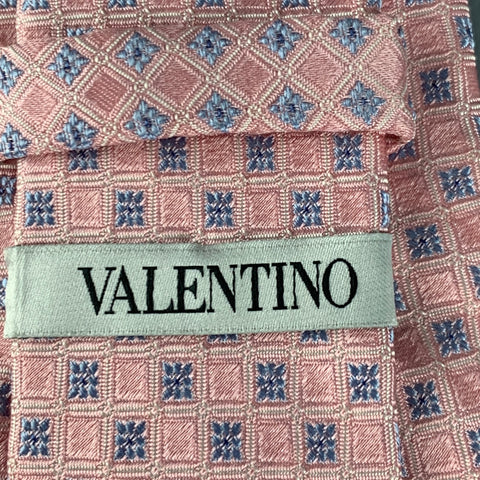 VALENTINO Pink Light Blue Squares Silk Tie