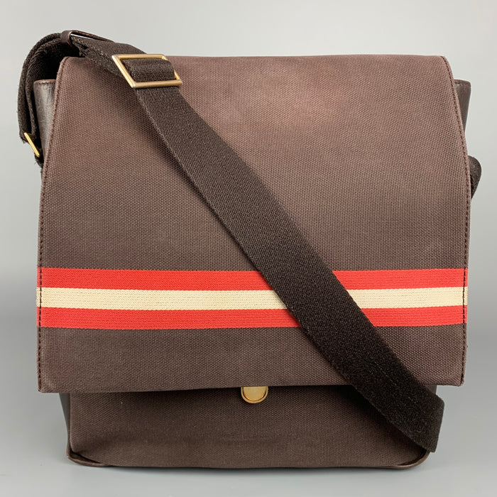 BALLY Brown Leather Trim Canvas Rectangle Shoulder Bag