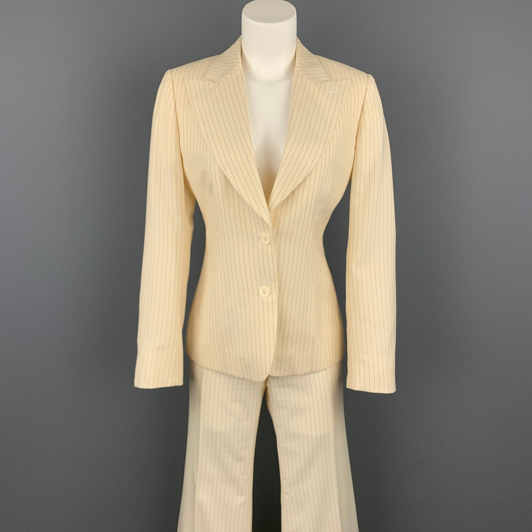 GUCCI Size 6 Cream &  Navy Pinstripe Wool Peak Lapel Wide Leg Pants Suit