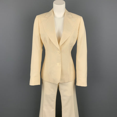 GUCCI Talla 6 Traje de pantalón ancho con solapa de pico de lana a rayas color crema y azul marino
