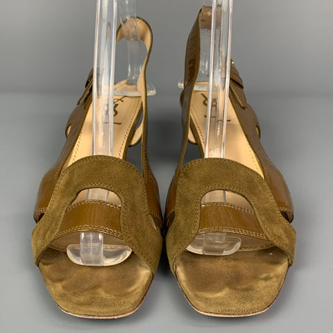 YVES SAINT LAURENT Size 9 Brown Suede Patent Leather Kitten Heel Sandals