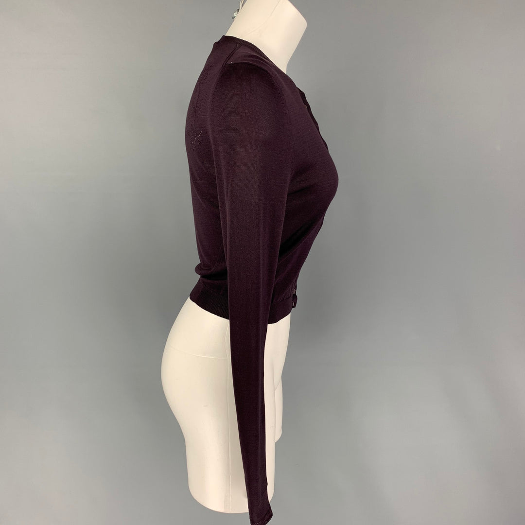 JOHN GALLIANO Size S Eggplant Silk Perforated Crew-Neck Cardigan