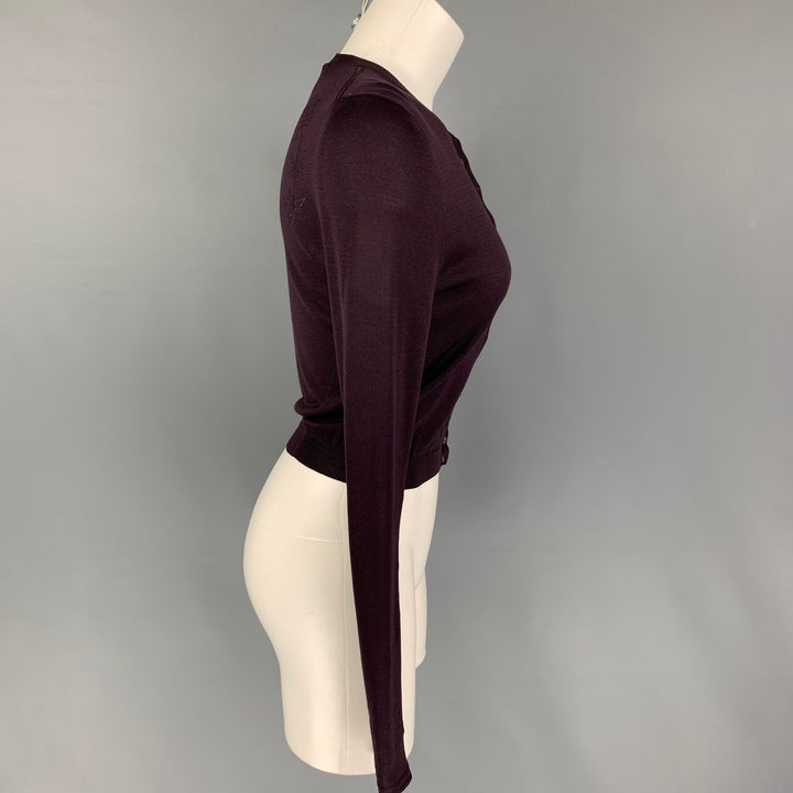 JOHN GALLIANO Size S Eggplant Silk Perforated Crew-Neck Cardigan