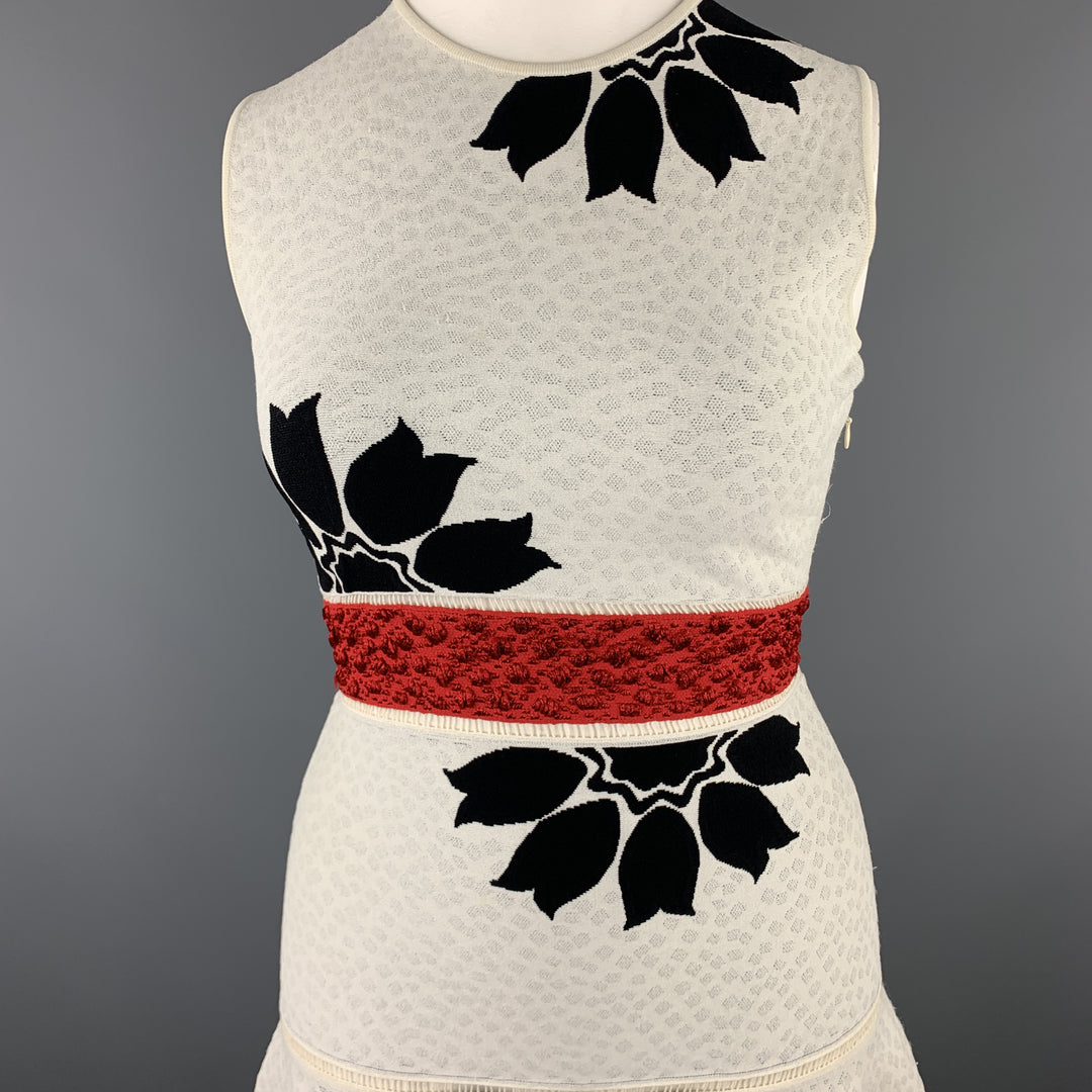ALEXANDER MCQUEEN Size L White & Black Floral Ruffle Skirt Cocktail Dress