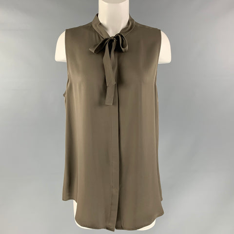 THEORY Size L Olive Silk Solid Sleeveless Blouse