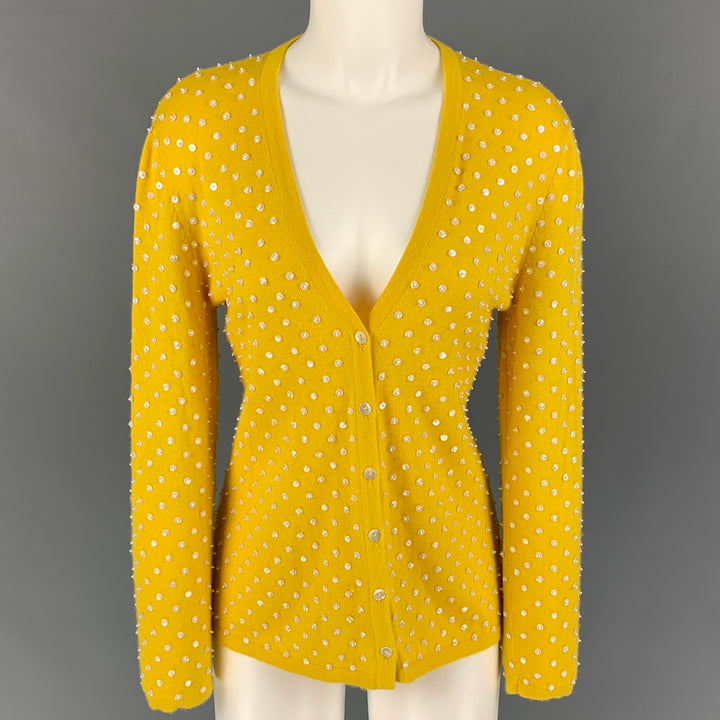 OSCAR DE LA RENTA Size M Yellow Cashmere Beaded Open Front Cardigan