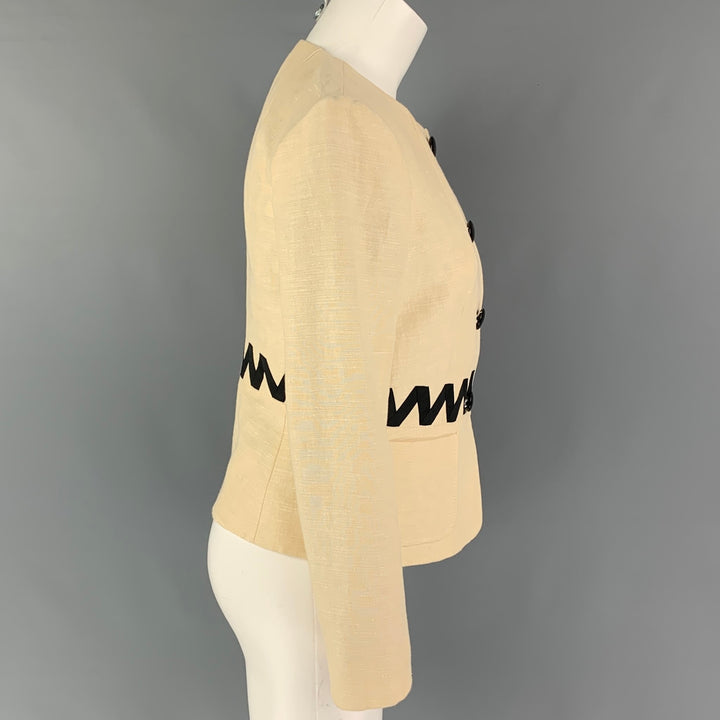 ETRO Size 4 Cream Black Silk Blend Ribbon Collarless Jacket