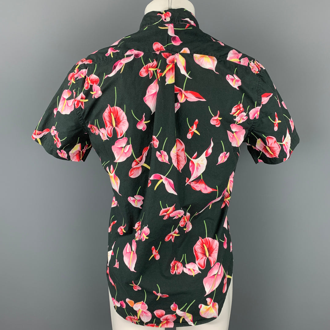 GITMAN VINTAGE Size M Black & Pink Floral Cotton Button Down Short Sleeve Shirt