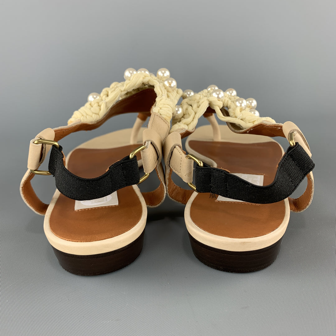 LANVIN Size 10 Beige Leather Faux Pearl Crochet Thong Sandals